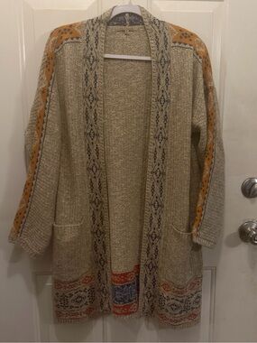 Cream Fair Isle Open-Front Cardigan with Mustard Accent Boho Size Medium